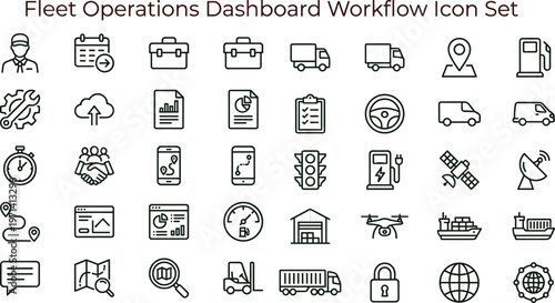 Electric vehicle fleet operations dashboard workflow outline icon set featuring logistics tracking monitoring analytics connectivity interface symbols