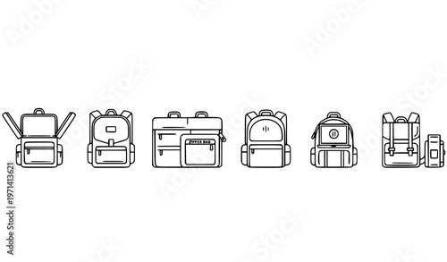 Modern School Backpack Thin Line Icons Set Minimal Schoolbag Outline Vector Collection for Education Design
