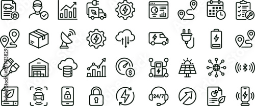 Electric vehicle logistics analytics workflow outline icon set featuring delivery tracking charging infrastructure connectivity dashboard interface symbols