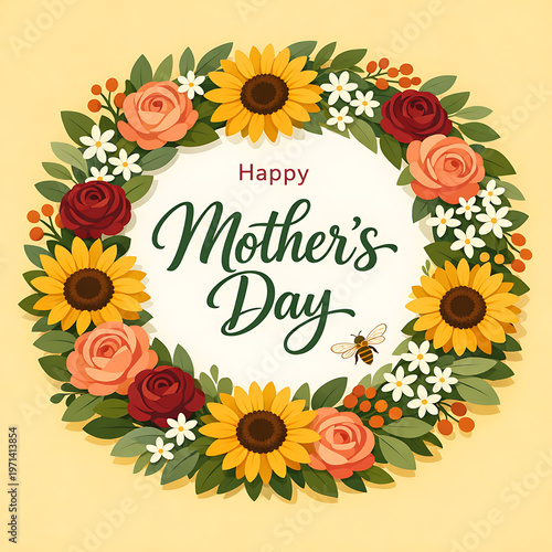 A colorful floral wreath with sunflowers, roses, and white flowers celebrating Mother's Day