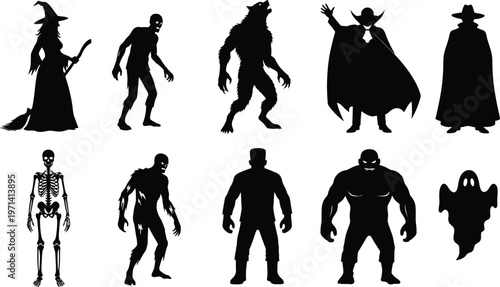 Halloween horror silhouette collection featuring witch, zombie, werewolf, vampire, skeleton, ghost and monsters in black vector style isolated white background