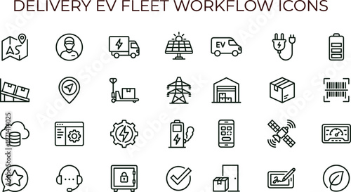Electric vehicle delivery fleet workflow outline icon set featuring logistics tracking charging infrastructure monitoring analytics interface symbols