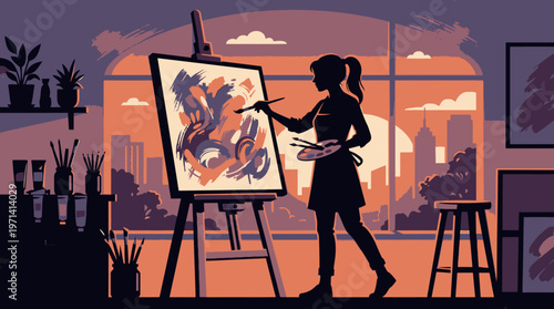 Woman painting on an easel indoors.