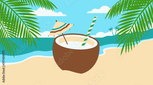 Coconut Drink With Green Straws.