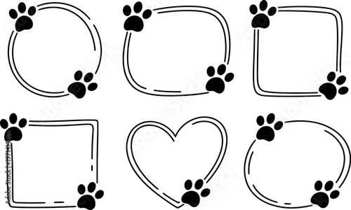 Set of Pet Paw Print Frames with Heart Circle and Square Shapes Vector