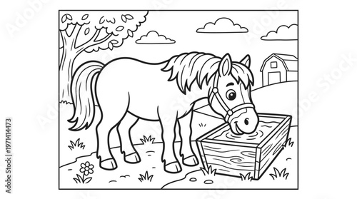 Horse eating from wooden feeding trough.