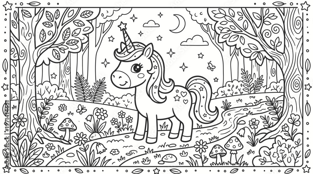 Obraz premium Cute Cartoon Unicorn Standing in Enchanted Magical Forest Coloring Page, Isolated White Background