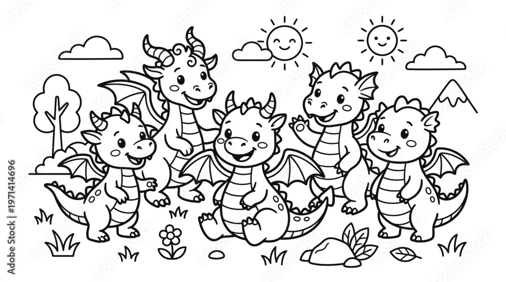Fototapeta premium Group of cute little cartoon dragons.