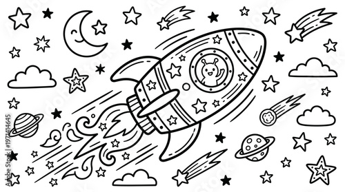 Rocket Ship Blasting Off Into Space.