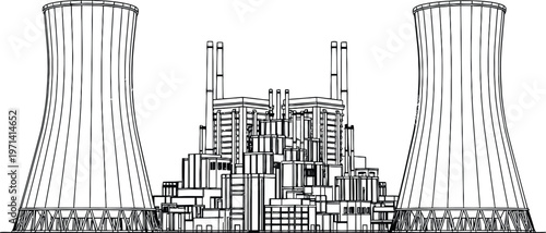 Industrial power plant with cooling towers line art illustration isolated on white background, energy infrastructure engineering facility vector design outline