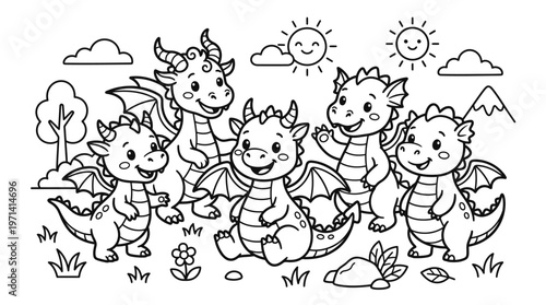 Group of cute little cartoon dragons.