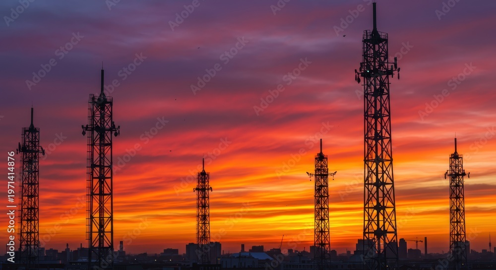 Naklejka premium Multiple communication transmission towers stand silhouetted against a vibrant sunset sky over a distant cityscape