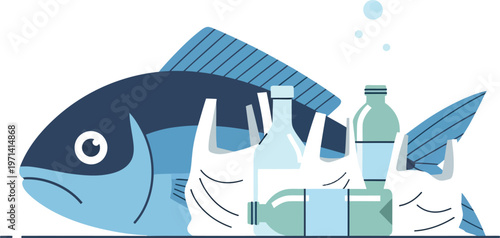 Cartoon fish surrounded by plastic bottles and pollution in the ocean environment