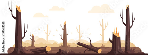 Burnt forest landscape with charred trees and smoldering embers after a wildfire