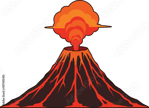 Active Volcano Eruption Illustration with Red Lava Flows and Large Orange Smoke Cloud for Geological Studies, Natural Disaster Concepts, and Educational Science Graphics
