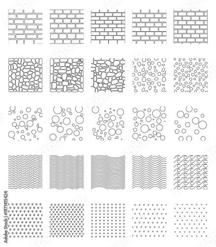 Landscape Architecture CAD Hatch Pattern Set. Grass, Water, Stone Wall Texture Elements Collection