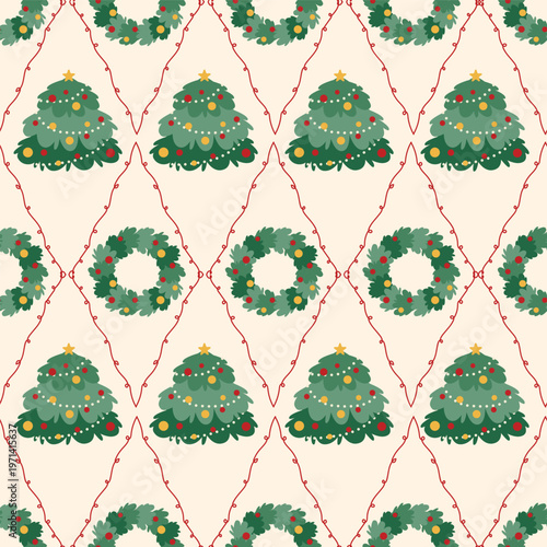Seamless pattern with decorated Christmas tree and wreath. Winter holiday background with festive ornament and garland on light backdrop for wrapping paper. Festive seasonal wallpaper design.