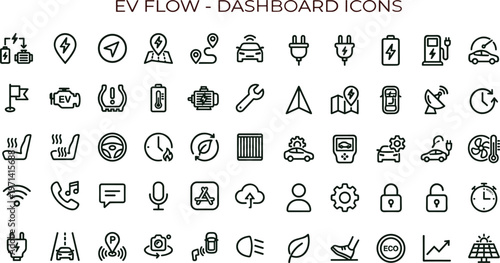 Electric vehicle dashboard flow outline icon set featuring charging monitoring navigation connectivity analytics interface automotive control symbols