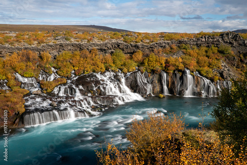 Hraunfoss waterfall Iceland long exposure autumn colors
