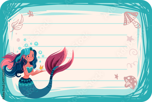 Note sticker, memo label with Mermaid Holding a Fish