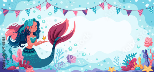 Cute watercolor mermaid princess with flowing tail swimming among coral and seaweed in underwater fantasy sea scene with marine creatures and fish background banner