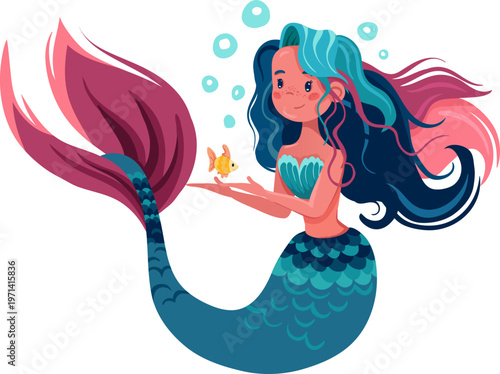 Cute watercolor mermaid princess with flowing tail swimming among coral and seaweed in underwater fantasy sea scene with marine creatures and fish
