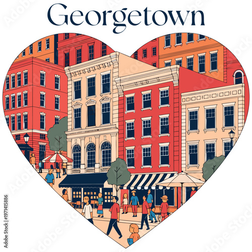 Georgetown Heart: Charming Row Houses & Bustling Street Scene Illustration