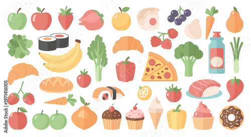 A cheerful and vibrant illustration of fruit and pastry on a white background, perfect for use in advertising, marketing materials, or website graphic