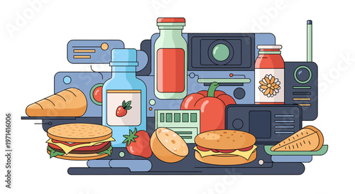 A colorful cartoon illustration of a burger being cooked on a grill, evoking a sense of hunger and casual dining.