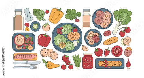 A vibrant digital illustration of a hot dog and fruit on a plate, evoking a sense of fun and casual dining.