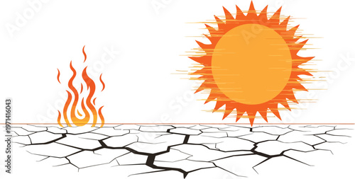 Drought and heat concept with fire sun and cracked dry earth in desert landscape environment
