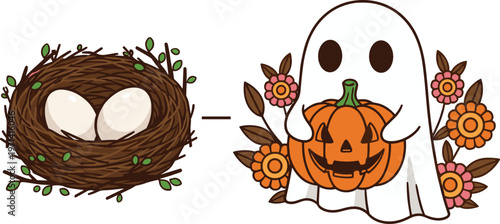 Bird Nest with White Eggs and Cute Halloween Ghost Holding Jack O' Lantern Pumpkin Surrounded by Autumn Flowers for Seasonal Craft Designs