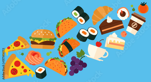 A vibrant illustration of pizza slices on a blue background, perfect for food-related marketing or advertising materials.