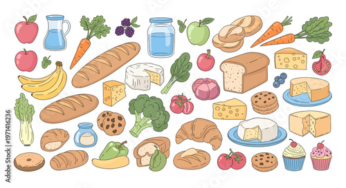 An illustration of various types of bread and a vegetable on a white background, conveying a sense of freshness and baking.