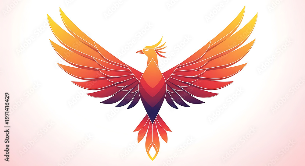 Fototapeta premium Vibrant Fiery Phoenix Illustration Rising From Ashes with Wings Spread Wide