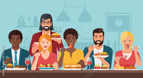 A man in a business suit using chopsticks to eat a burger and sushi, representing a fusion of cultures and cuisines in a modern setting.