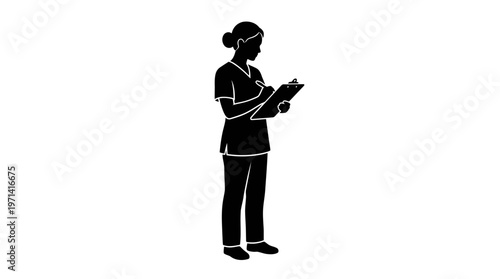 Woman in scrubs holding clipboard.