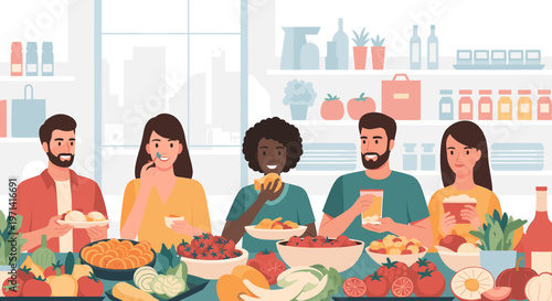 A man in a red shirt holds a plate of food with various colorful vegetables in the background, conveying a sense of healthy eating and abundance.