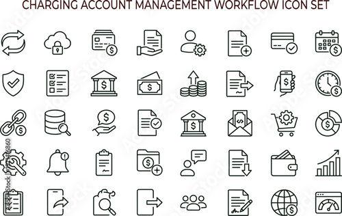 Electric vehicle charging account management workflow outline icon set featuring billing payment security analytics dashboard financial interface symbols