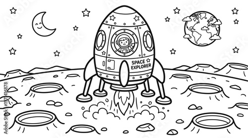 Space Rocket Landing on Moon Surface.