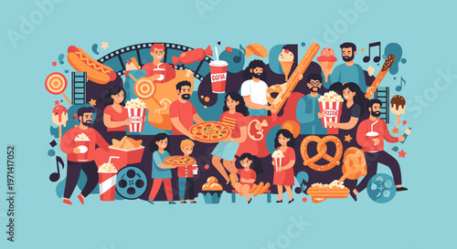 A person happily walking while listening to music and eating snacks, conveying a carefree and joyful mood.