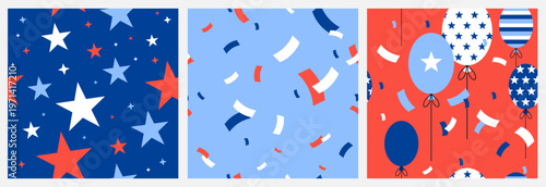 Patriotic American Seamless Pattern Set Vector with Stars, Confetti, and Balloons in Red, White, and Blue for Independence Day Fourth of July Surface Design