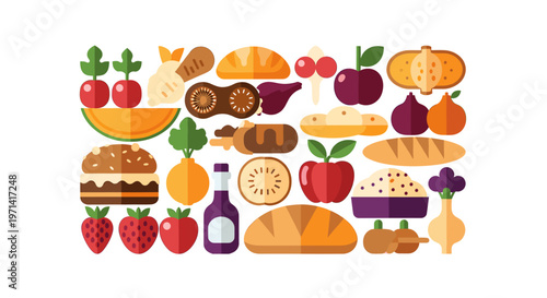 A colorful illustration of a strawberry and a slice of cake on a white background, perfect for food or dessert-related marketing materials.