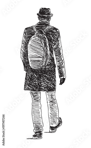 One man in hat, coat with backpack walking outdoors, back view silhouette, realistic sketch, vector hand drawing isolated on white background