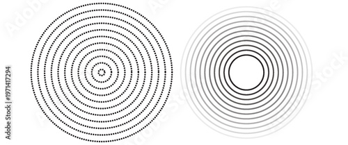 Black concentric circle set. Sonar or sound wave ring collection. Dotted and linear epicentre, target, radar icon concept. Ripple radial signal or vibration elements. Vector line and halftone symbols