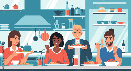 A cheerful woman in a modern kitchen serving a plate of food and a cup of coffee, conveying a sense of hospitality and warmth.