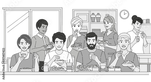 A smiling woman sitting at a table, holding a cup of coffee and enjoying a meal, conveying a sense of relaxation and contentment.