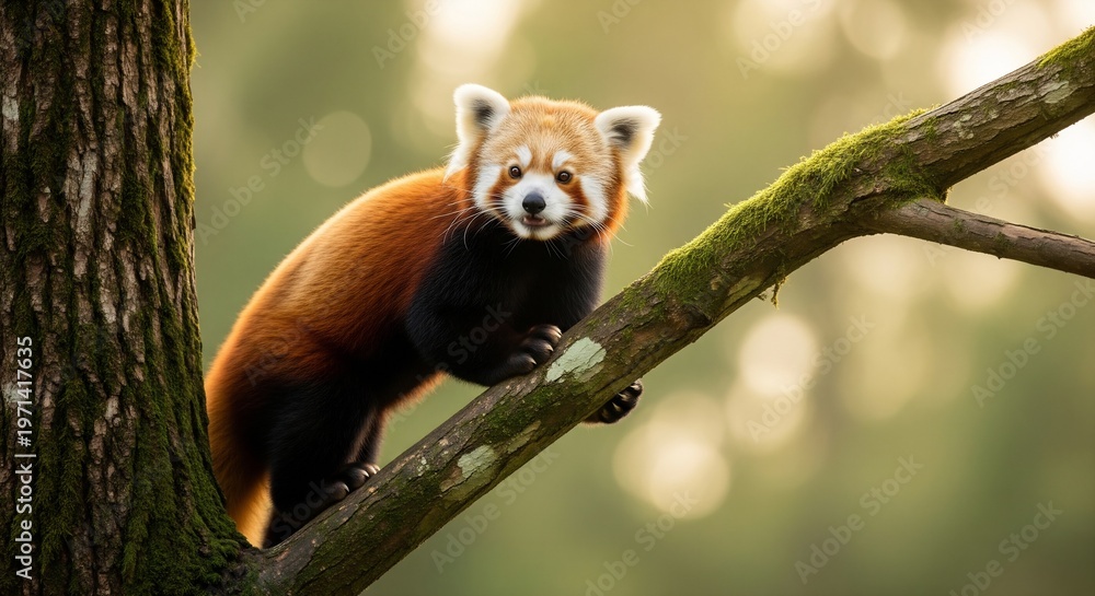 Fototapeta premium Adorable Red Panda Gaze: Captivating Wildlife Portrait on a Mossy Tree Branch with Soft Bokeh Background