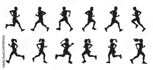 Running man and woman silhouettes set runners figure shapes. Bare and naked slim healthy people work out. Collection of black silhouettes of people running in various poses, vector illustration.