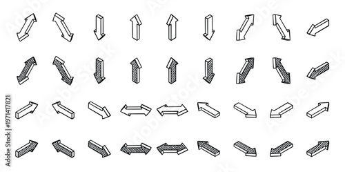 Set of isometric arrows. 3d black with hatching. Use as side Isolated.  set of isometric arrows black with hatching and without, vector illustration.